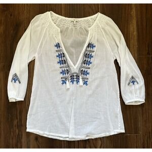 Joie Women's Sz Med White/Blue Melenia Embroidered Cotton Blouse Boho Western